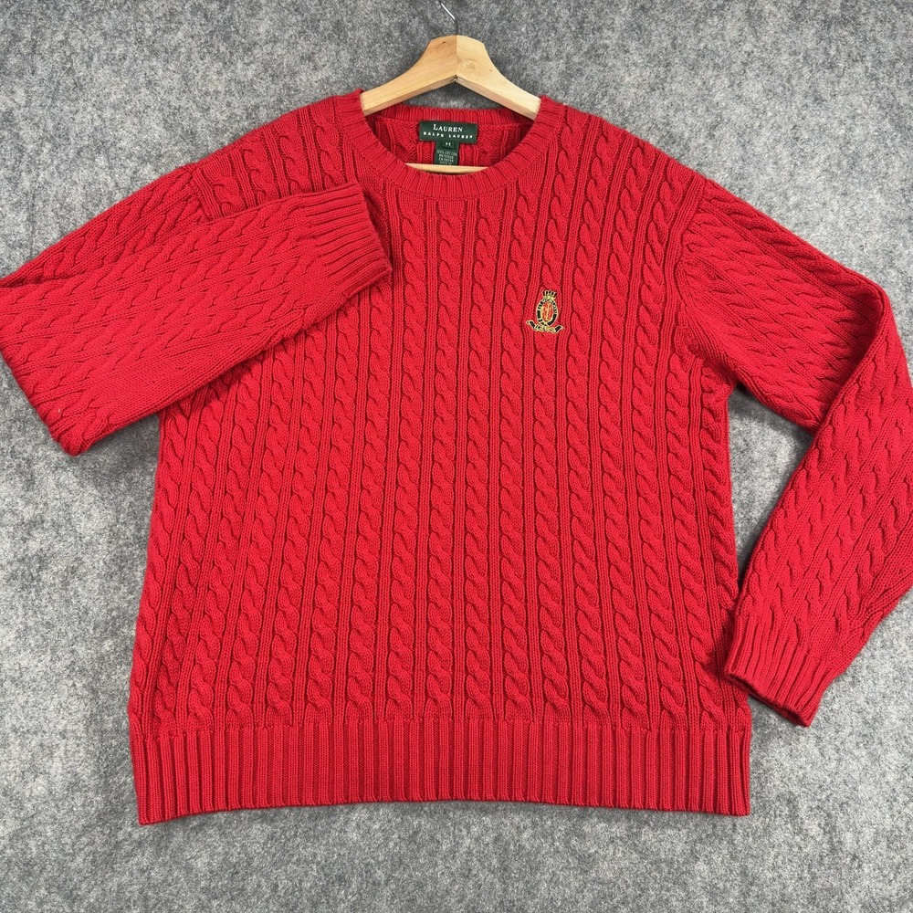 Lauren Ralph Lauren Sweater Womens Medium Red Cable Knit Cotton Crest Old Money - Picture 2 of 13